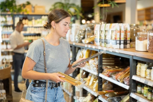 Young woman shops for gluten-free food.