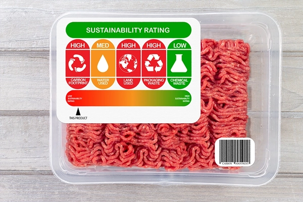 Sustainability Rating on meat for carbon footprint, water use, land use, packaging waste and chemical waste label