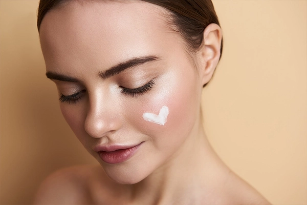 peaceful young lady with makeup and heart picture on face
