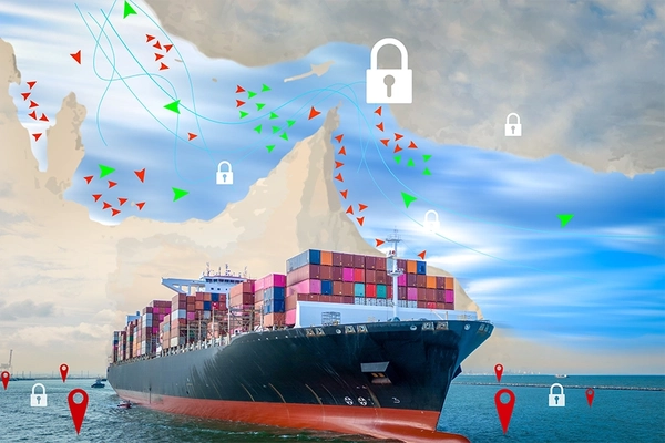 Image Cargo ship on ocean with map of Strait of Hormuz overlay