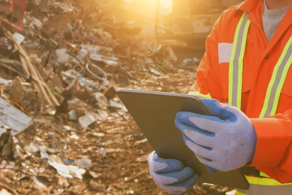 Image A person holding a tablet in front of a pile of trash