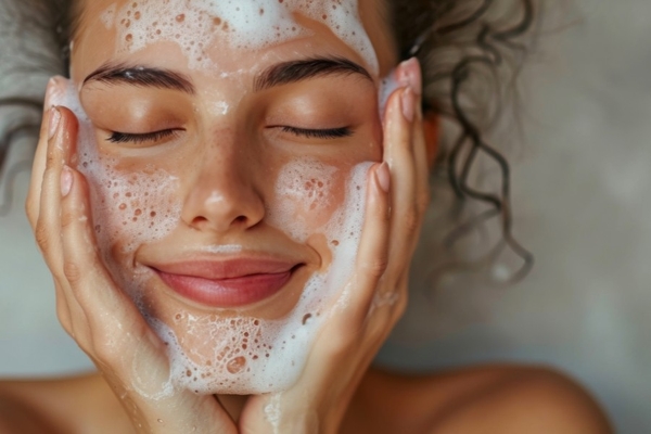 Person washing face.