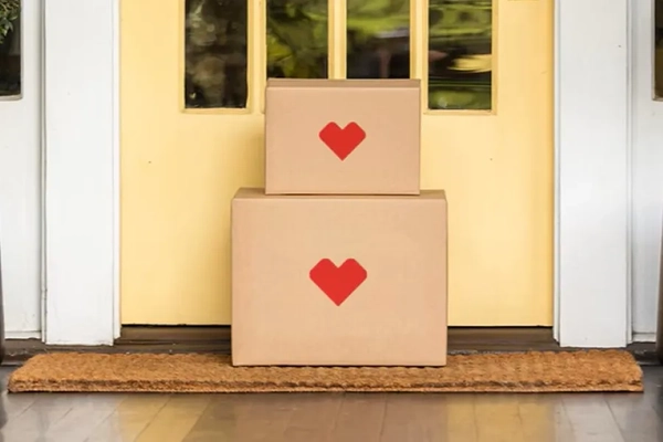 Recyclable paper packaging temperature sensitive Two boxes in front of a door