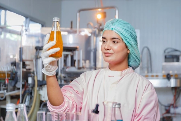 Image Scientist in food lab holding up a beverage