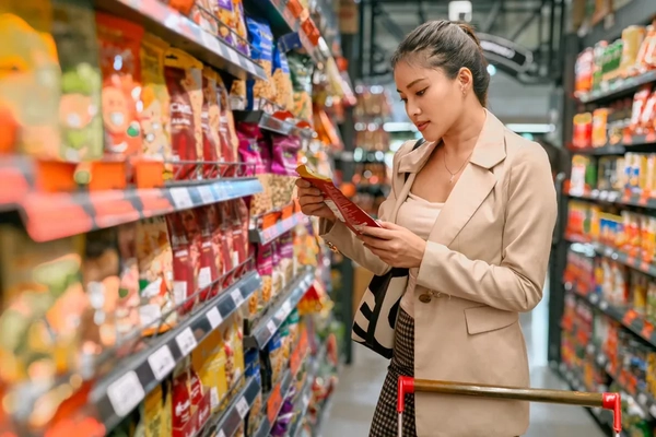 A woman studies the labels on a snack in a grocery store. A woman studies the labels on a snack in a grocery store.