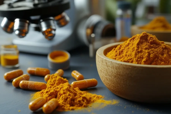 Curcumin on lab table in a bowl, and in supplement pills surrounded by lab equipment. Curcumin on lab table in a bowl, and in supplement pills surrounded by lab equipment.