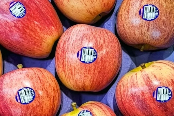 A group of apples with stickers