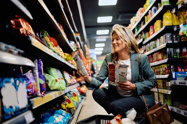 woman in supermarket aisle happy woman shopping in supermarket