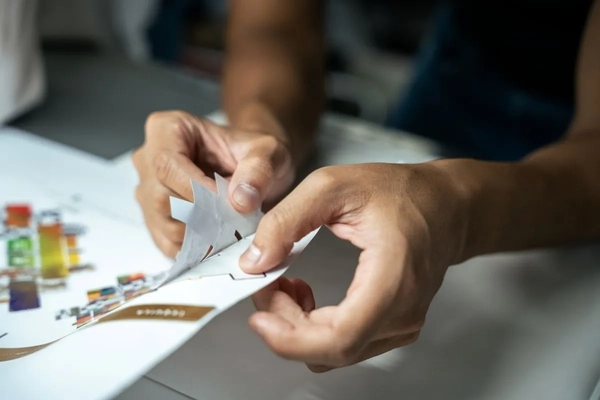 Close-up of hands holding a piece of label