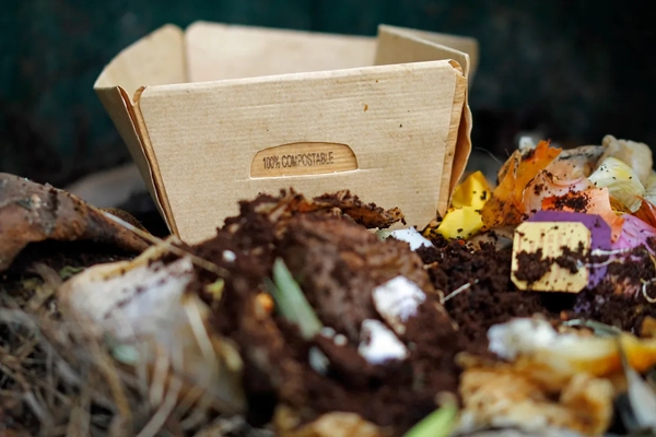 Packaging sitting in a compost pile. Packaging sitting in a compost pile.