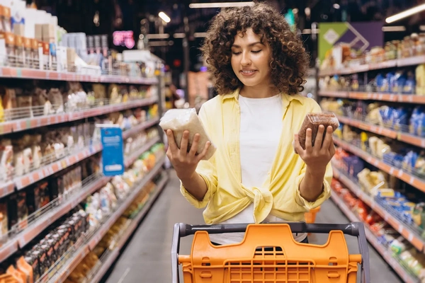 A young woman compares ingredient labels in a grocery store. A young woman compares ingredient labels in a grocery store.