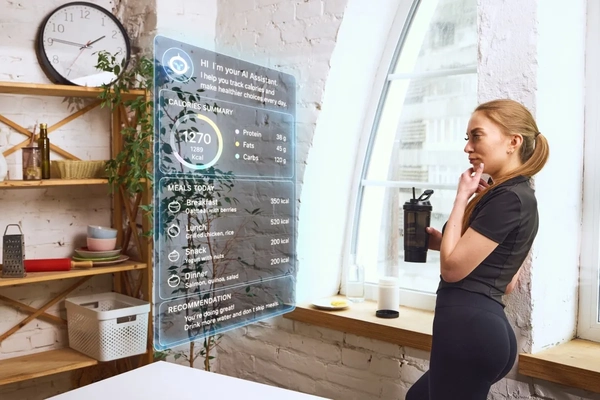 woman checking nutritional data on large screen
