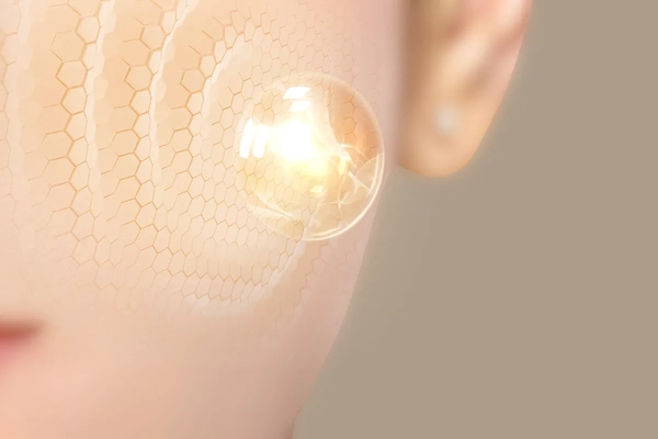 A woman's cheek with a depiction of cells next to it.