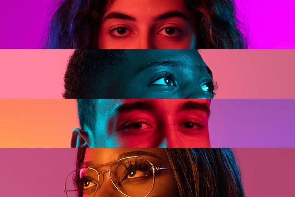 four people's eyes edited in horizontal slots