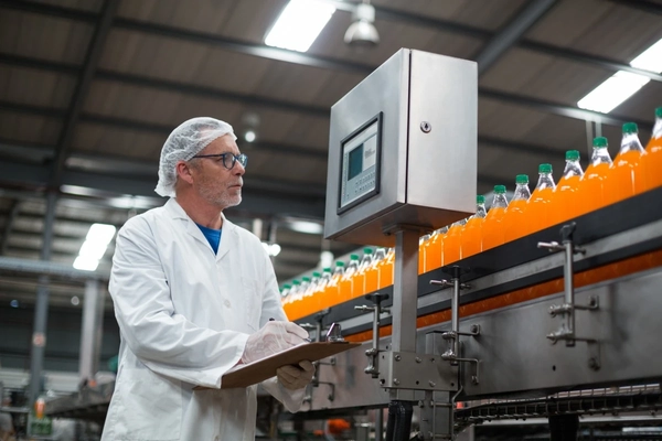 Image Food scientist monitoring orange juice on the production line.