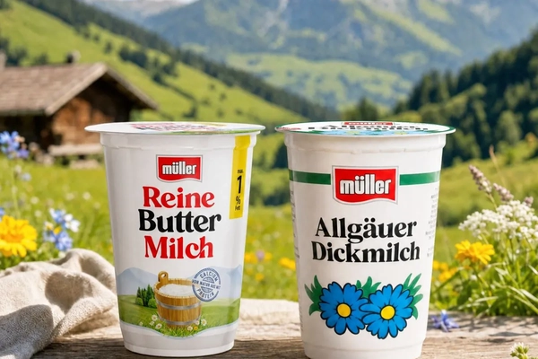 Image yogurt pots against scenic alpine background