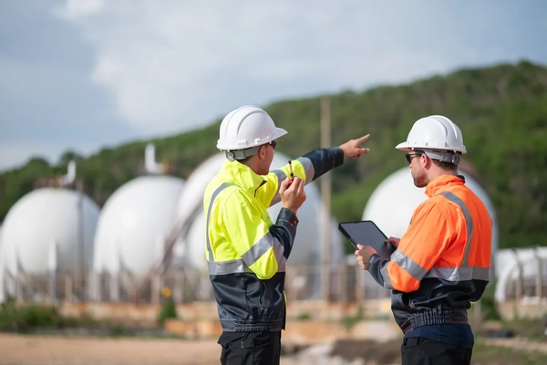 Image Engineer industrial facility petrochemical or gas energy site focused balance between industrial development and environmental preservation
