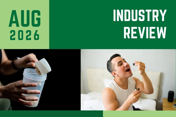 Image a collage of man adding liquid with dropper in mouth and person scooping powder into cup