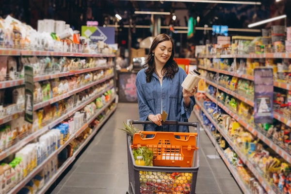 woman in supermarket looking at food label woman in supermarket looking at food label