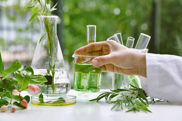 Image A hand holding a beaker with green liquid in it.
