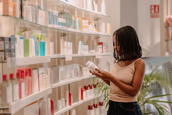 Image woman looks a label on bottle in shop