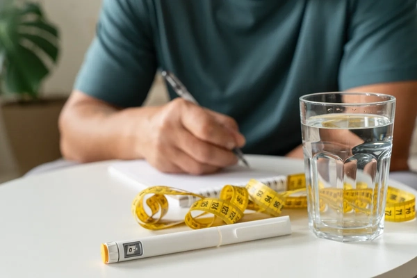 Image Man is taking notes at table where an injection pen, measuring tape, and glass of water are placed.
