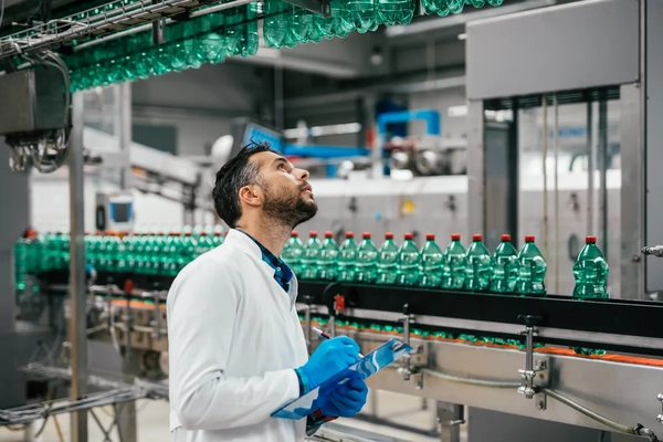 Male worker in bottling factory checking water bottles before shipment. Inspection quality control.