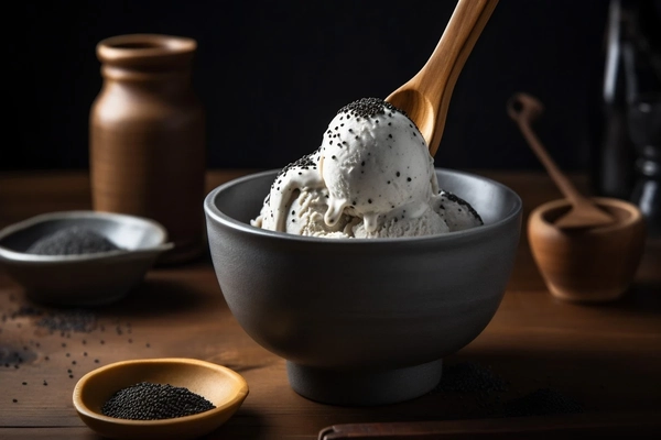 Image Black sesame ice cream scooped into ceramic bowl sprinkled sesame seeds.