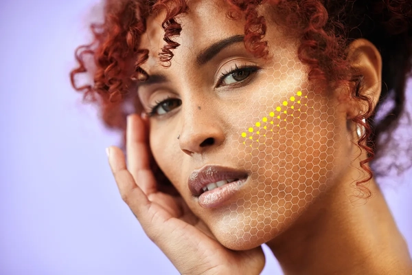 Image A woman's face with dots on it overlayed.