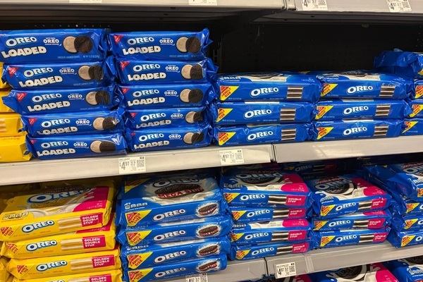 Oreo cookies on shelf in supermarket.